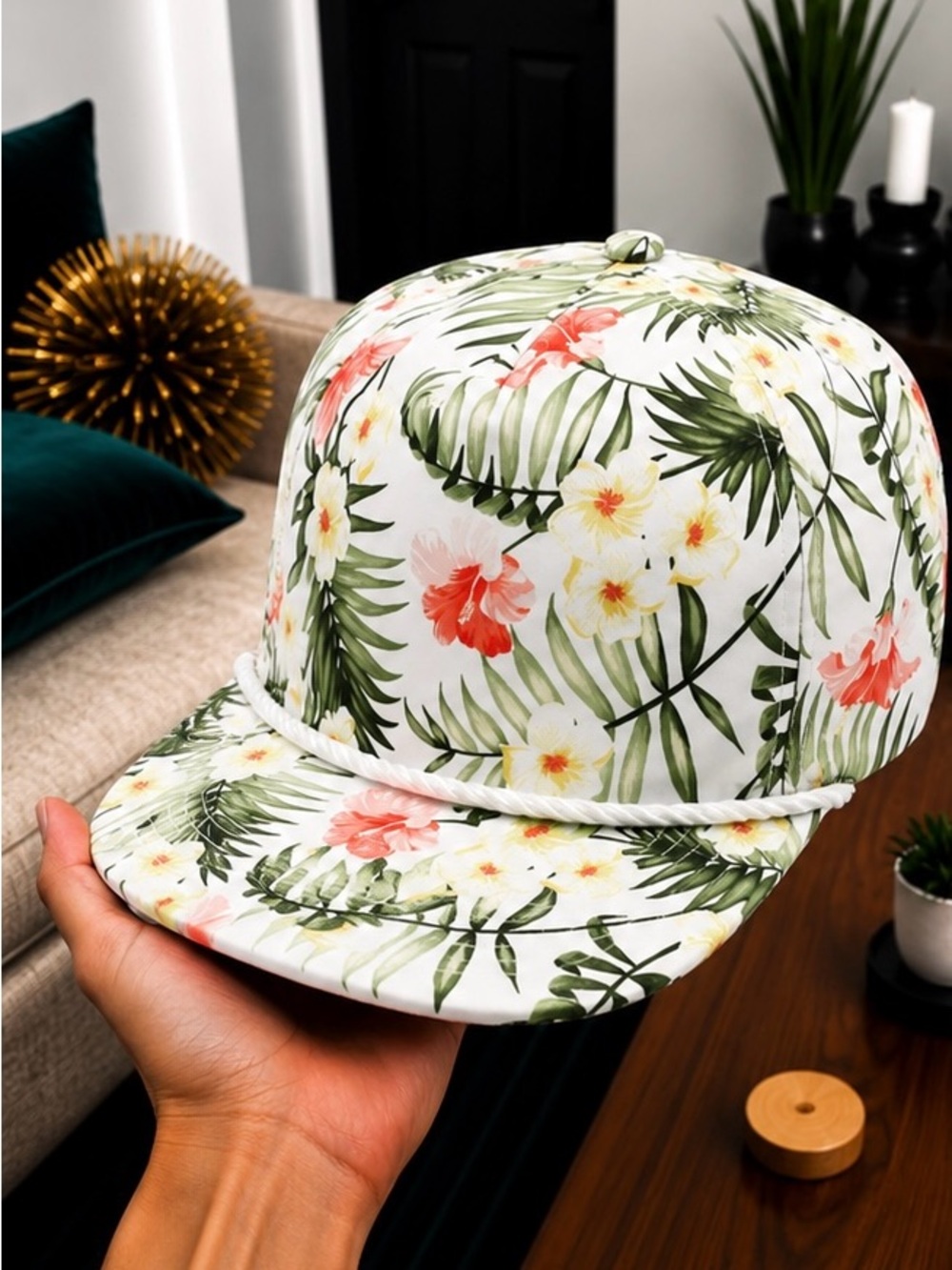 White Tropical Floral Snapback Hat | Flat Bill Rope Cap Hawaiian Beach Summer